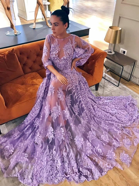 Sexy lavender lace Evening Dresses for women A line Fashion jewel modest 3 4 long sleeves custom made formal Prom Gowns Casamento 