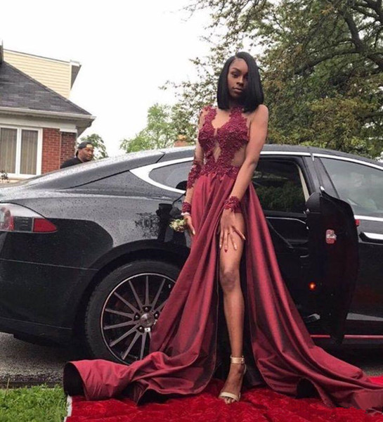 Burgundy african evening dresses with long sleeves lace appliques black girl illusion bodice side slit cheap formal prom party gowns