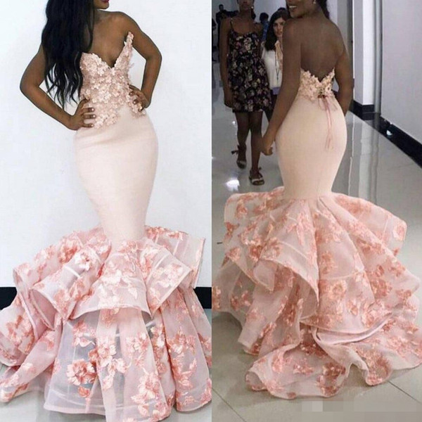 Chic Prom Dresses Party Wear Formal Dress Evening Gowns Appliqued Backless V Neck Mermaid Evening Gowns Floor Length Organza