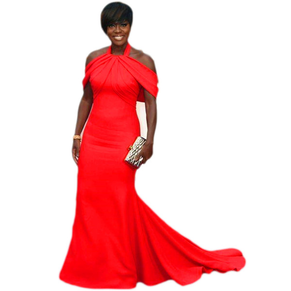 Red mermaid Evening Gowns Plus Size Halter Satin Off Shoulder Prom Dresses Sweep Train Black girl Women Formal Party Dress Custom Made