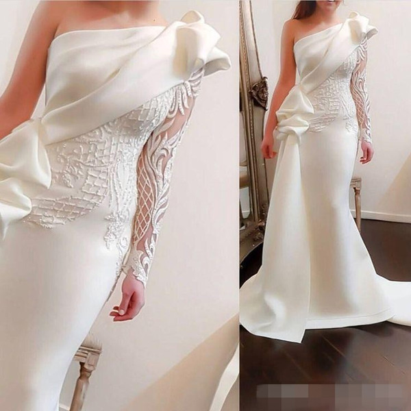 Arabic Mermaid Formal Evening Dresses with One Shoulder Sash Long Sleeve Lace Appliques Asymmetric Trumpet Prom Gowns Party Wear