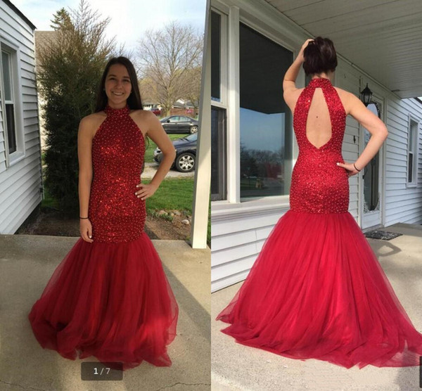 Real Photos Mermaid Tulle Prom Dress Beaded Tulle Red Crystals Long Vestidos De Festa Pageant Evening Dresses