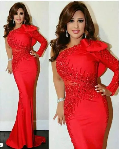 Elegant Red Arabic Mermaid Evening Dresses One Shoulder Long Sleeves Beaded sequins Formal celebrity Prom Party Dresses With Bow