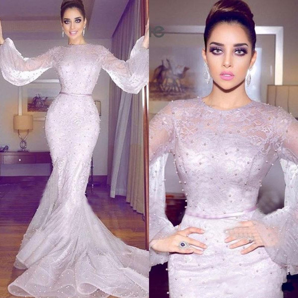 Newest Arabic Mermaid Formal Dresses Evening Wear Long Sleeve Full Lace Pearls Prom Gowns Plus Size Prom Dresses Long