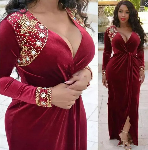 African Dark Red Velvet Evening Dresses Long Sleeves Deep V Neck Front Split Plus Size Gold Beaded Neckline Formal Prom Party Gowns