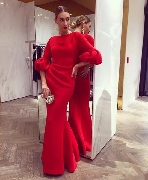 Festival Red Long Mermaid Evening Dresses with Half long Sleeves Jewel Neck formal Prom Party Gowns Celebrity Red Carpet Dresses