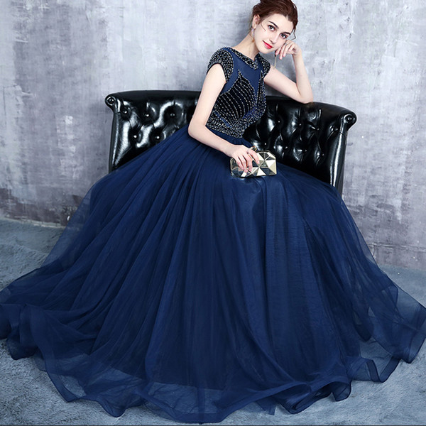 Chic Navy blue plus size evening dresses long A line beaded Scoop neck Sexy floor length bandage formal prom party gowns