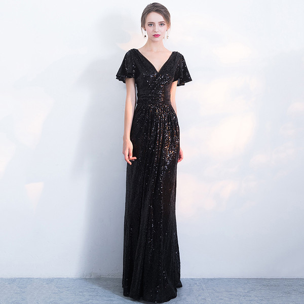 black sequined evening dresses long Classic V neck ruffles short sleeves floor length arabic formal prom party gowns celebrity dress