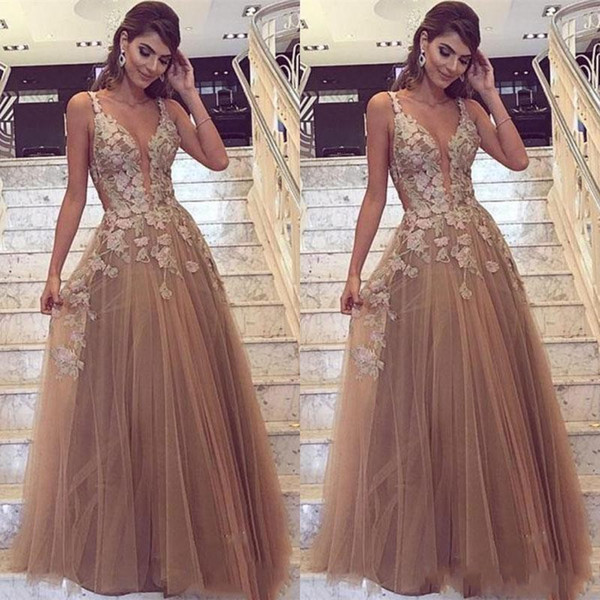 Sexy Tulle Appliqued Prom Dresses Long Spaghetti V Neck Lace Dresses Evening Wear A Line Plus Size Custom Made Party Gowns