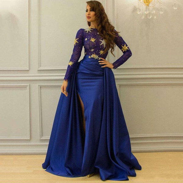 Dubai Royal Blue Dresses Evening Wear with Detchable Train Long Sleeve Bateau Neck Arabic Split Side Formal Dresse Party Prom Wear 