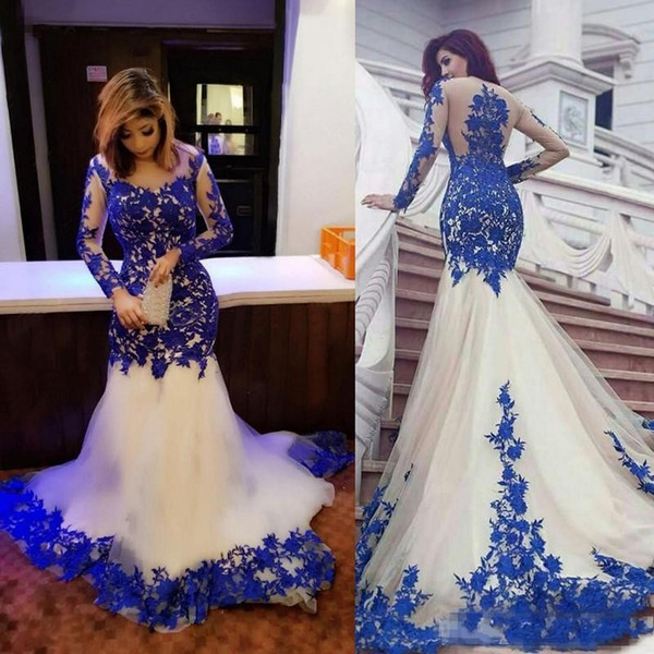 Arabic Mermaid Formal Evening Dresses with Lace Appliques Sheer Long Sleeve Prom Party Gowns Plus Size Celebrity Evening Wear