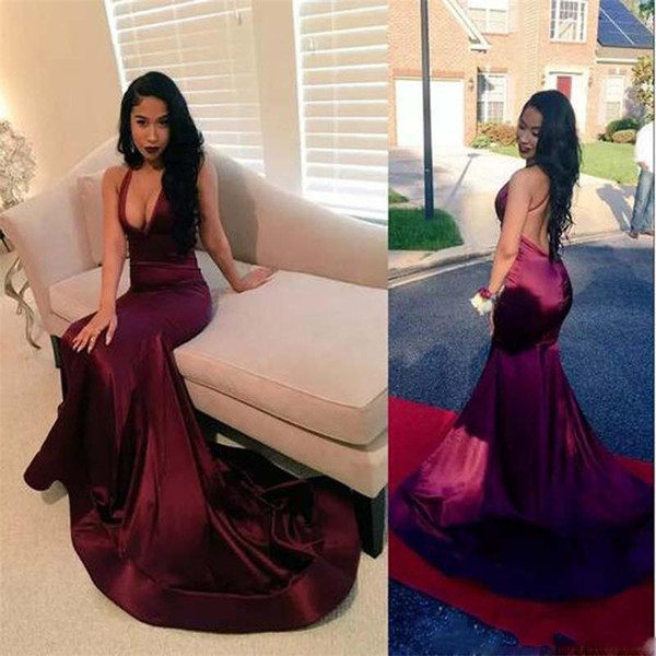 Sexy African Black Girls Formal Dresses Evening Party Gowns Prom Dresses Deep V Neck Backless Sweep Train Long Mermaid Evening Gowns