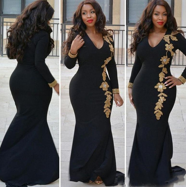 Arabic Black Girls Black Mermaid Formal Evening Dresses With Gold Lace Beaded Pattern Long Sleeves V-Neck Prom Dresses Party Prom Wear