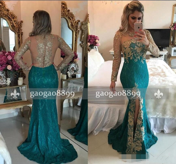 Vestidos Sexy Mermaid Formal Evening Dresses Jewel Neck Long Sleeve Beaded Lace Appliques Split Prom Dresses Illusion Back Party Wear