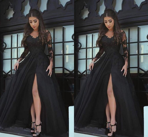 Sexy Black A-Line Formal Evening Dresses With Jewel Neck Zipper Back Long Sleeve Evening Gown With Split Cheap Dresses Evening Wear