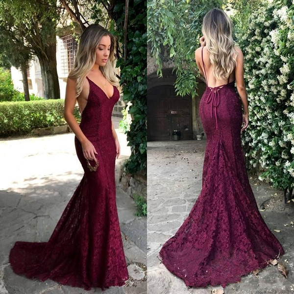 Elegant Dark Wine Full Lace Formal Evening Dresses Sexy Backless Spaghetti Strap V Neck Sweep Train Mermaid Dresses Prom Party Gowns