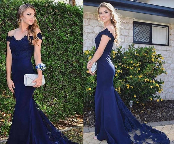 Elegant Lace Evening Dress Off Shoulder Sweep Train Soft Satin Mermaid Long Bridesmaid Dress Prom Dress Modest Cheap