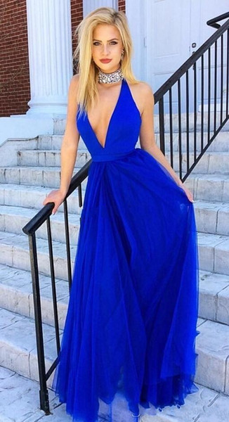 Sexy Cheap Formal Evening Dresses A Line Chiffon Floor Length Blue Deep V Neck Formal Dresses Evening Wear Custom Made