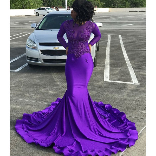 Purple Long Sleeve Mermaid Prom Dresses New Jewel Neck Sweep Strain Lace Applique Formal Evening Dress