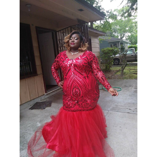 Plus Size Long Mermaid Prom Dresses New Long Sleeve Sequined V Neck Floor Length Tull Formal Evening Dress Party Gowns