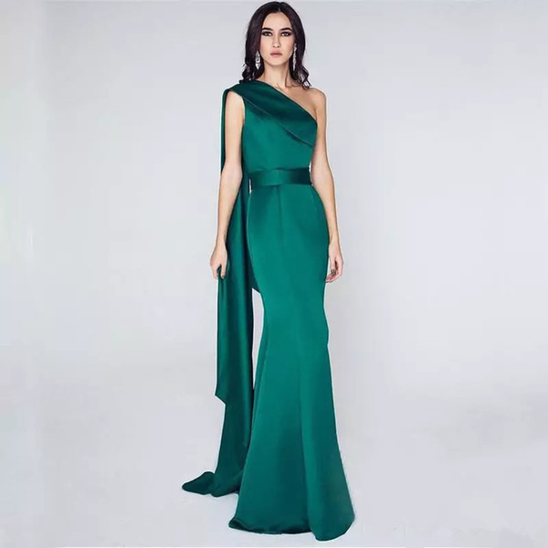 Dark Green One Shoulder Satin Mermaid Evening Dresses Celebrity Long Prom Gown Floor Length Party Dresses Elegant