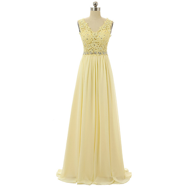 Yellow Chiffon Evening Dresses Long Lace Appliques Prom Gowns Beaded Waist Formal Dress Floor Length