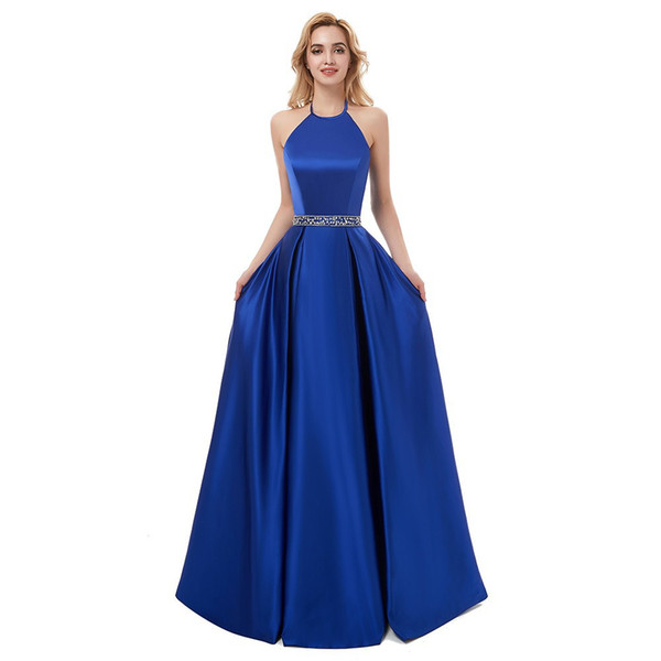 Beaded Satin A Line Long Evening Dresses Royal Blue Black Halter Neck Evening Gowns Prom Dress Robe De Soiree