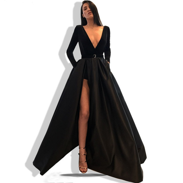 Sexy V Neck Satin Evening Dress with Long Sleeves Long Split Prom Dresses vestido de noche