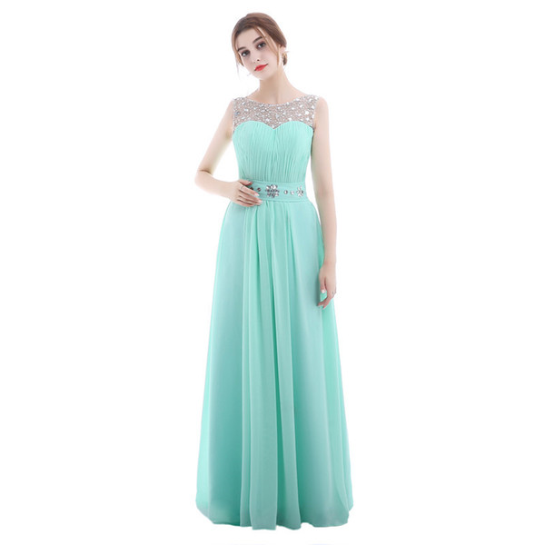 Beaded Scoop Neck Long Chiffon Evening Dresses Floor Length Prom Dresses New Lace Up Party Dress