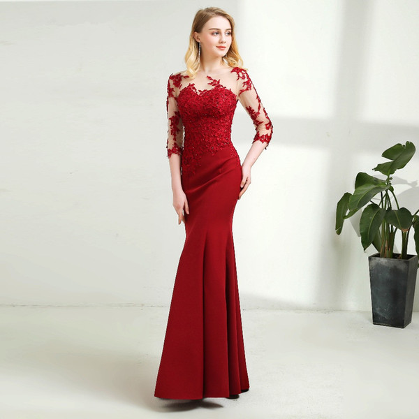 Mermaid Long Evening Dress Sheer Three Quarter Sleeves Elegant Floor Length Dark Red Prom Dresses 