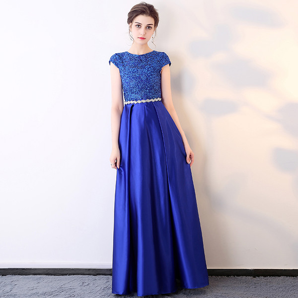 Bateau Neck Satin Long Evening Dresses Gold Royal Blue Black Evening Gowns with Crystal Sash New Short Sleeves Prom Dresses