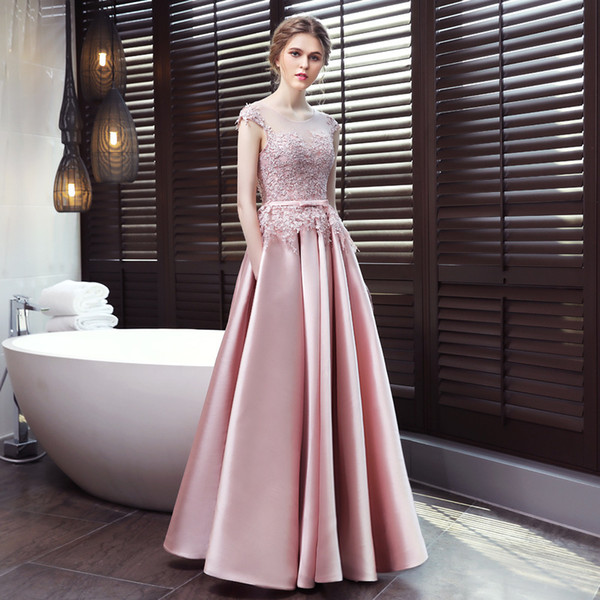 Satin A Line Long Evening Dress with Pockets Lace Appliqued Evening Gowns for Party abiye gece elbisesi