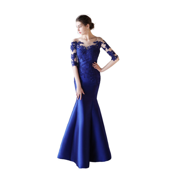 Half Sleeves Satin Mermaid Evening Dresses with Lace Appliques Sheer Neck Long Evening Gowns Button Back Prom Dresses Royal Blue