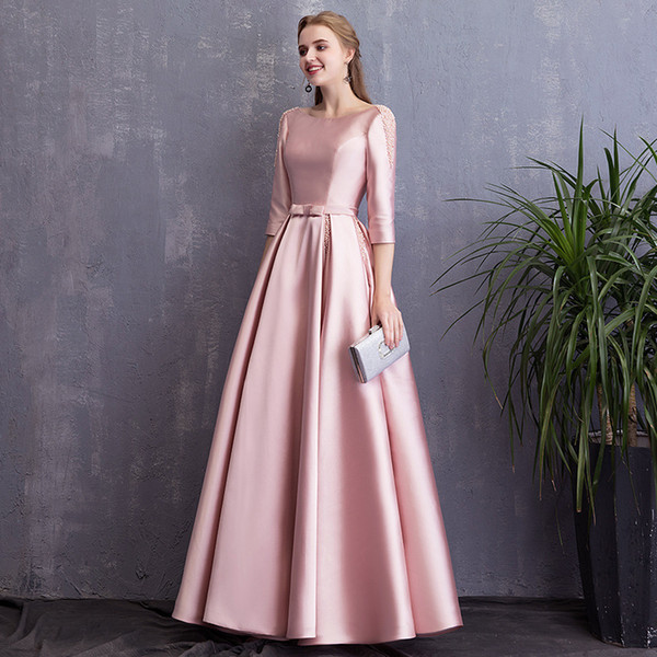 Pearls Pink Satin Long Evening Dresses with pockets Backless Formal Prom Dress Floor Length Evening Gowns