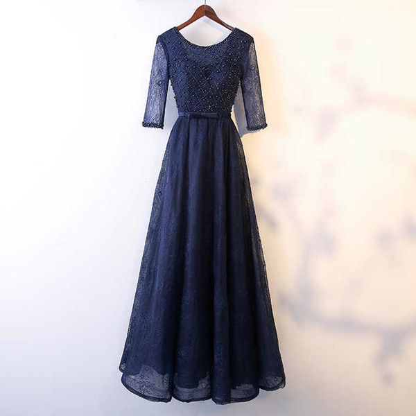 Beaded Scoop Neck Tulle A Line Evening Dresses Navy Blue Floor Length Party Dress Elegant