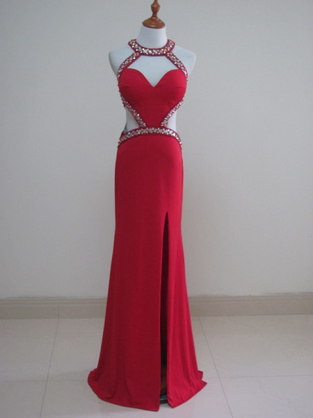 Beaded Sexy Long Split Evening Dresses Hollow Out Floor Length Sheath Prom Dress Red Party Dress