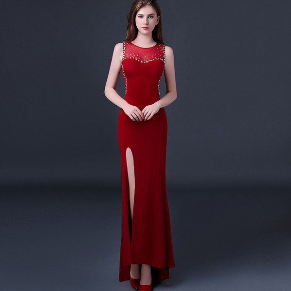 Jewel Neck Long Sheath Evening Dresses Red Floor Length Prom Gowns Beaded Runway Dress Real Photo