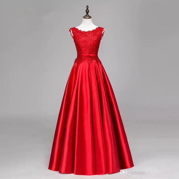 Beaded 395 Satin Long Evening Dress With Lace Appliques Elegant Floor Length Evening Gowns Red Formal Dresses