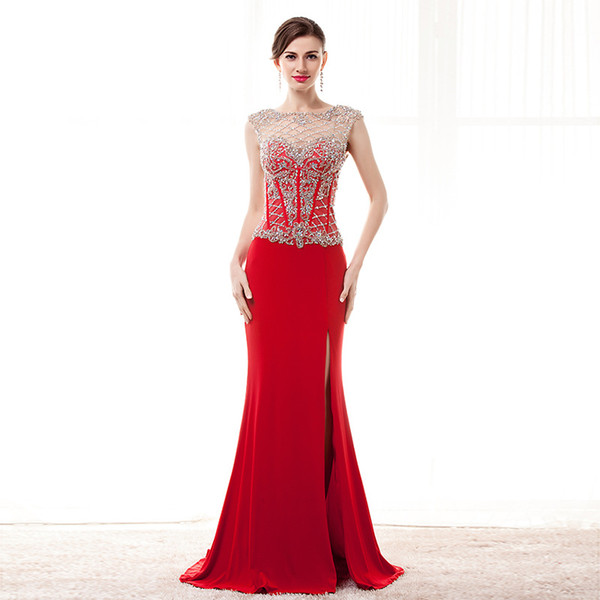 Beaded Crystal Long Evening Dress with Open Back Sheath Prom Gowns New Split Prom Dresses