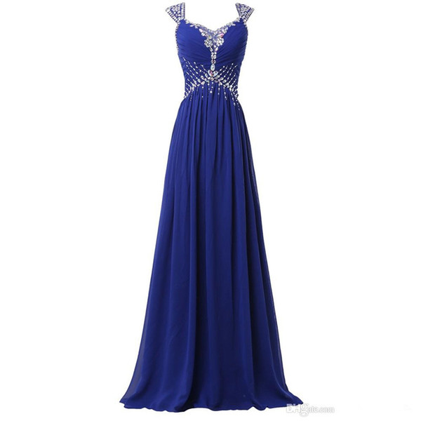 Capped Chiffon A Line Evening Dresses Royal Blue Beaded Long Prom Gowns Sexy Formal Dress