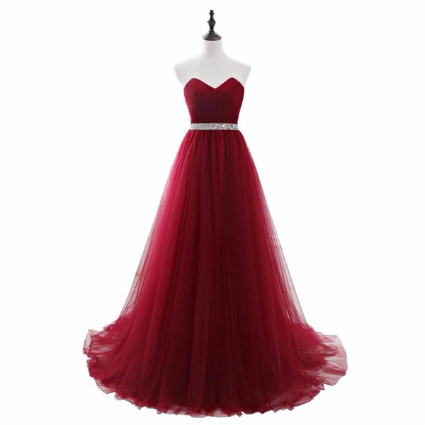 Beaded Sweetheart Tulle Evening Dresses Burgundy Long Prom Dress New Floor Length Party Dresses Lace Up