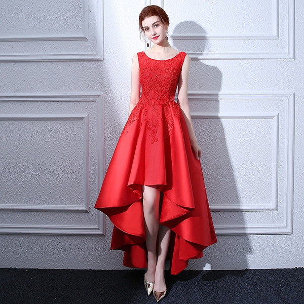 Scoop Neck Lace Satin Evening Dresses Beaded High Low Prom Dress Red Party Dresses Elegant