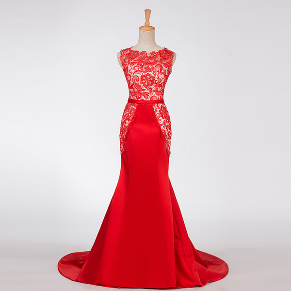 Jewel Neck Lace Satin Mermaid Evening Dresses Sweep Train Red Long Evening Gowns Lace Up