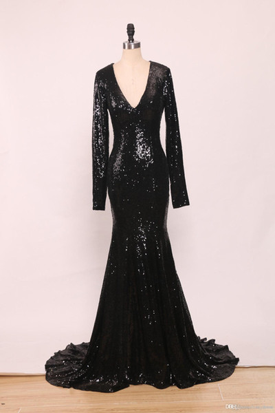 Sexy V Neck Sequins Mermaid Evening Dress Black Long Prom Dresses Long Sleeves Party Gowns