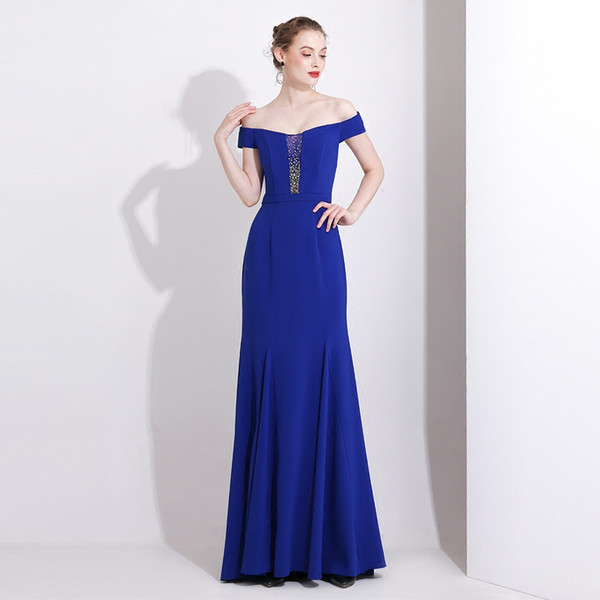 Bateau Neck Mermaid Evening Dresses Royal Blue Beaded Prom Gowns Floor Length Formal Dresses Zipper Back