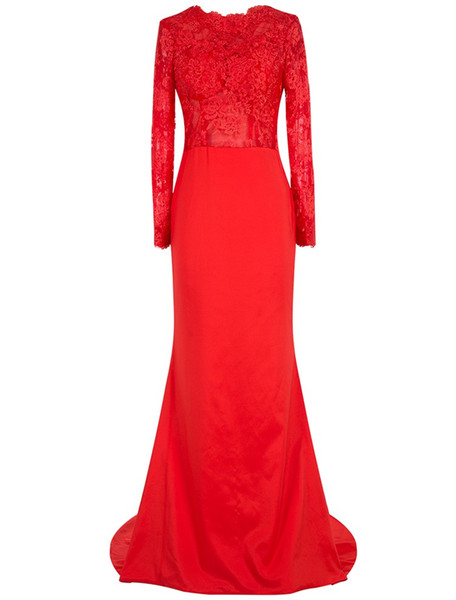 Collection Red Sheath Long Sleeve Heavy Embroidered Evening Dress with Sweep Train Long Evening Party Gowns