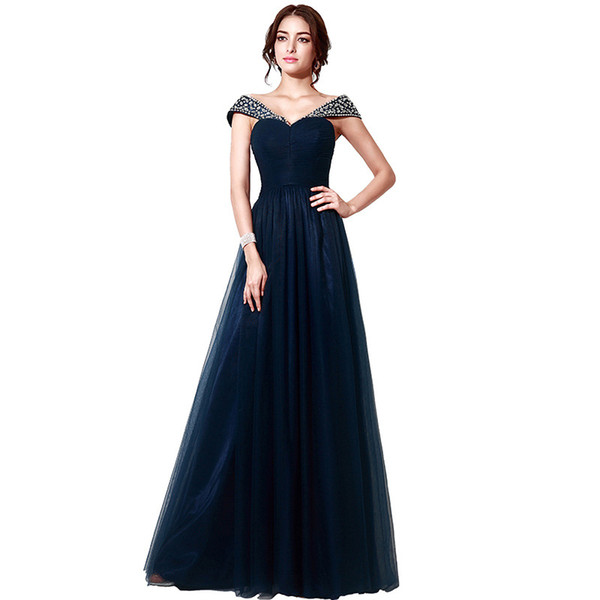 Navy Blue Off Shoulder Tulle Evening Dresses Beaded Prom Dresses Floor Length Party Dress Elegant