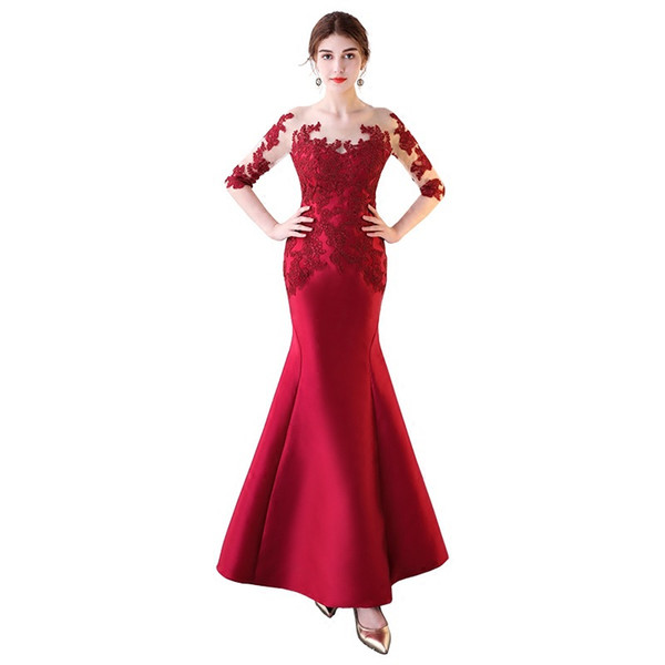 Sheer Neck Long Sleeves Satin Mermaid Evening Dresses Burgundy Floor Length Party Dress In Stock