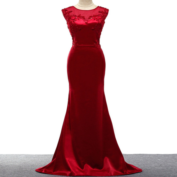 Jewel Neck Lace Satin Mermaid Evening Dress With Bead Appliques Elegant Long Evening Party Gowns