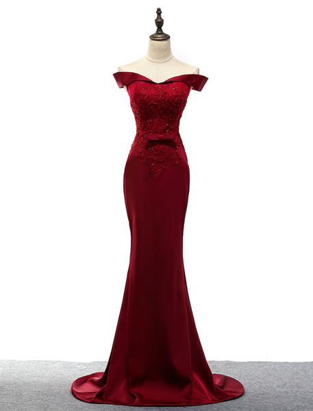 Off Shoulder Lace Satin Mermaid Evening Dress Burgundy Long Evening Gowns Lace Up Party Dress